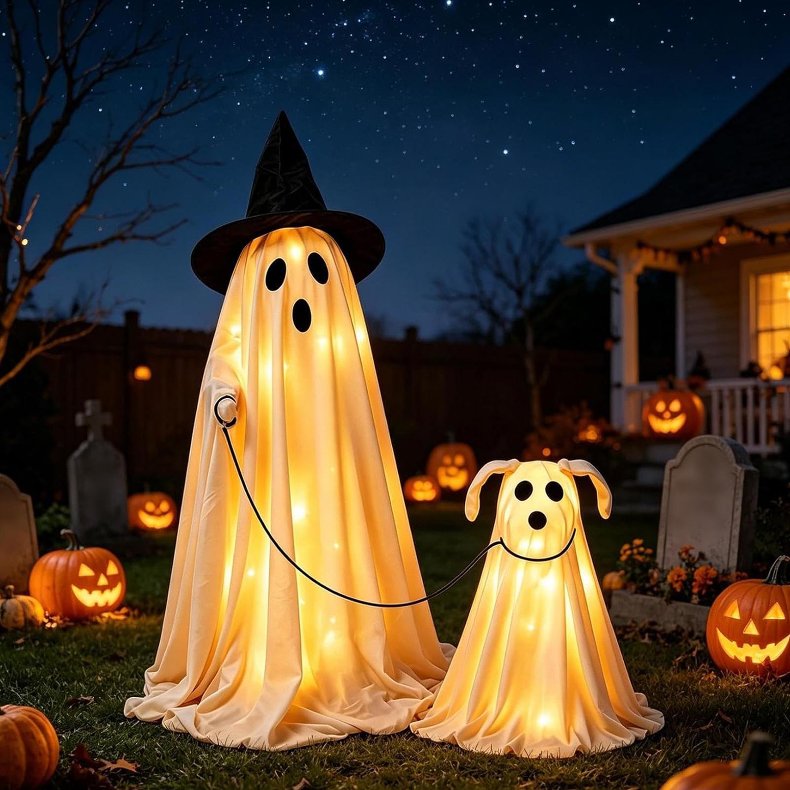 Outdoor Lighting Effects - ชุดสุนัขผีพร้อมไฟ LED หมวกแม่มดเรืองแสงอบอุ่น ของตกแต่งฮาโลวีนสำหรับสนามหญ้ากลางแจ้ง ตกแต่งสวน ลานบ้าน
