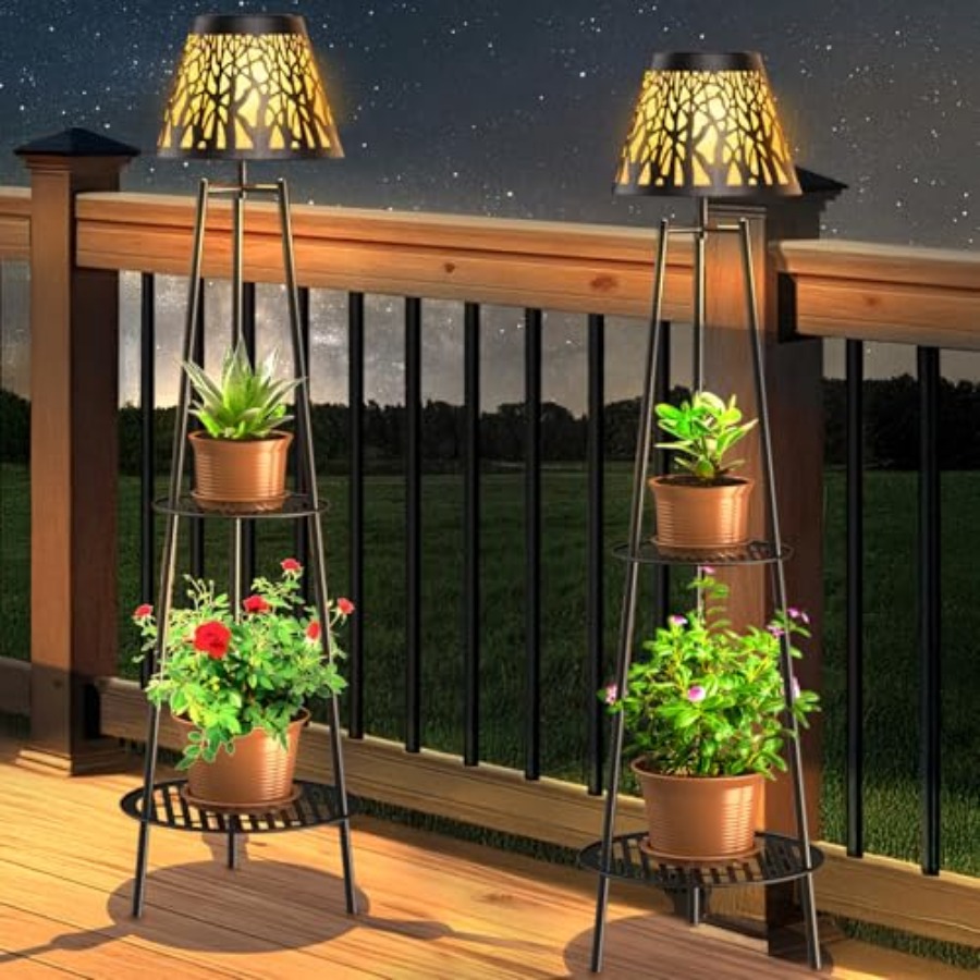 Outdoor Lighting Waterproof - โคมไฟตั้งพื้นพลังงานแสงอาทิตย์สำหรับกลางแจ้ง 2 ชิ้น พร้อมขาตั้งต้นไม้ ไฟสวนโลหะกันน้ำ พร้อมชั้นวาง