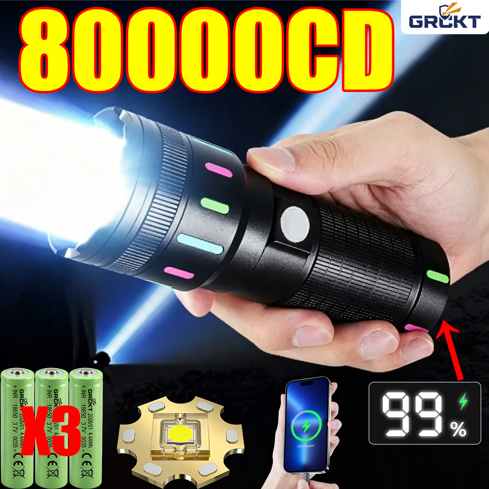 Outdoor Lighting Black - ไฟฉาย LED กำลังสูง 80000CD ไฟฉายยุทธวิธีสำหรับการล่าสัตว์ ไฟฉายชาร์จได้