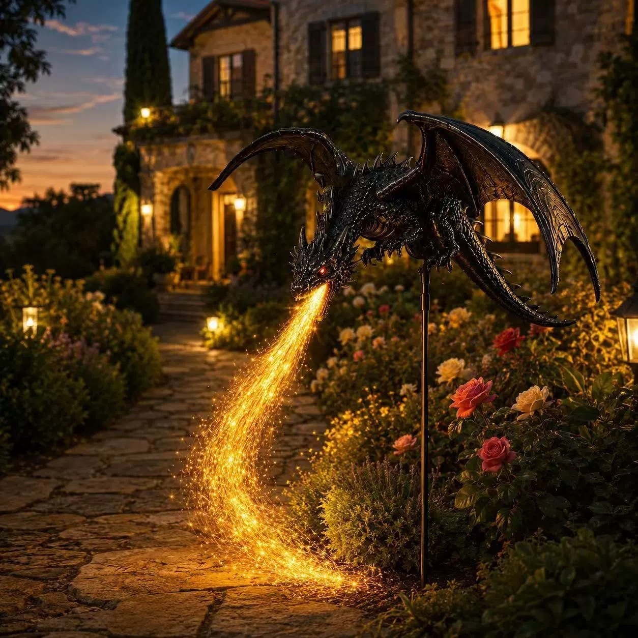 Outdoor Lighting Pathway - ไฟสวนรูปมังกรพลังงานแสงอาทิตย์, ไฟปักดินรูปมังกรพร้อมเปลวไฟพลังงานแสงอาทิตย์สำหรับสนามหญ้าและทางเดินกลางแจ้ง, ไฟตกแต่งเรซิน