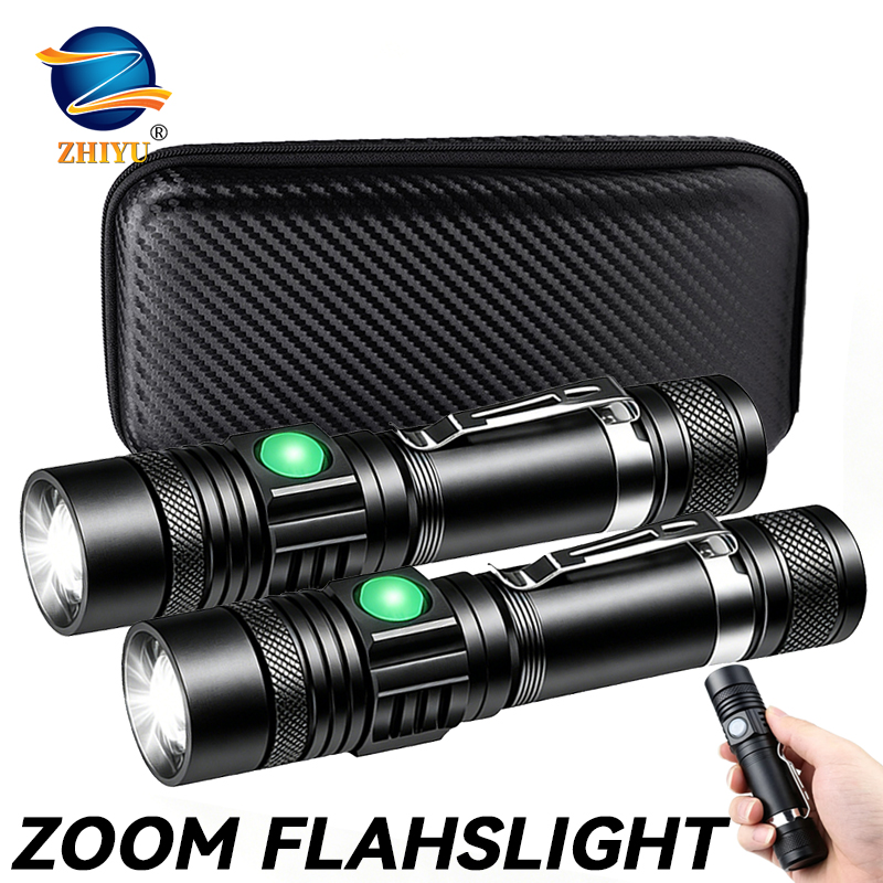 Outdoor Lighting Black - ไฟฉาย LED T6 แบบชาร์จไฟได้, ไฟฉายซูมได้ 18650,